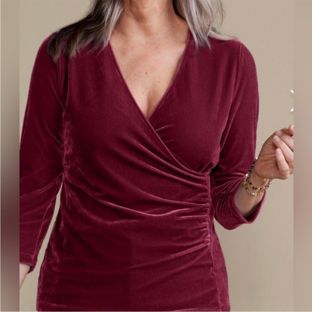 Soft Surroundings Alyssa Velvet Knit Top Cabernet Burgundy Surplice Wrap Size PM